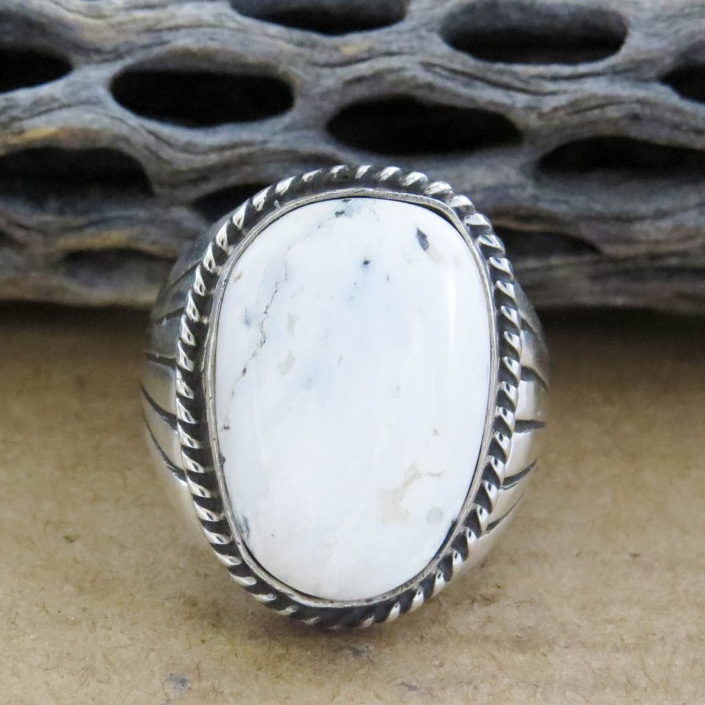 Men's White Buffalo Sterling Silver Large Ring Size 10, Native American Navajo